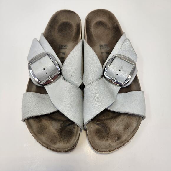 Birkenstock Siena Big Buckle Sandal Crossed Strap White Metallic Suede Size 41 - Picture 2 of 9